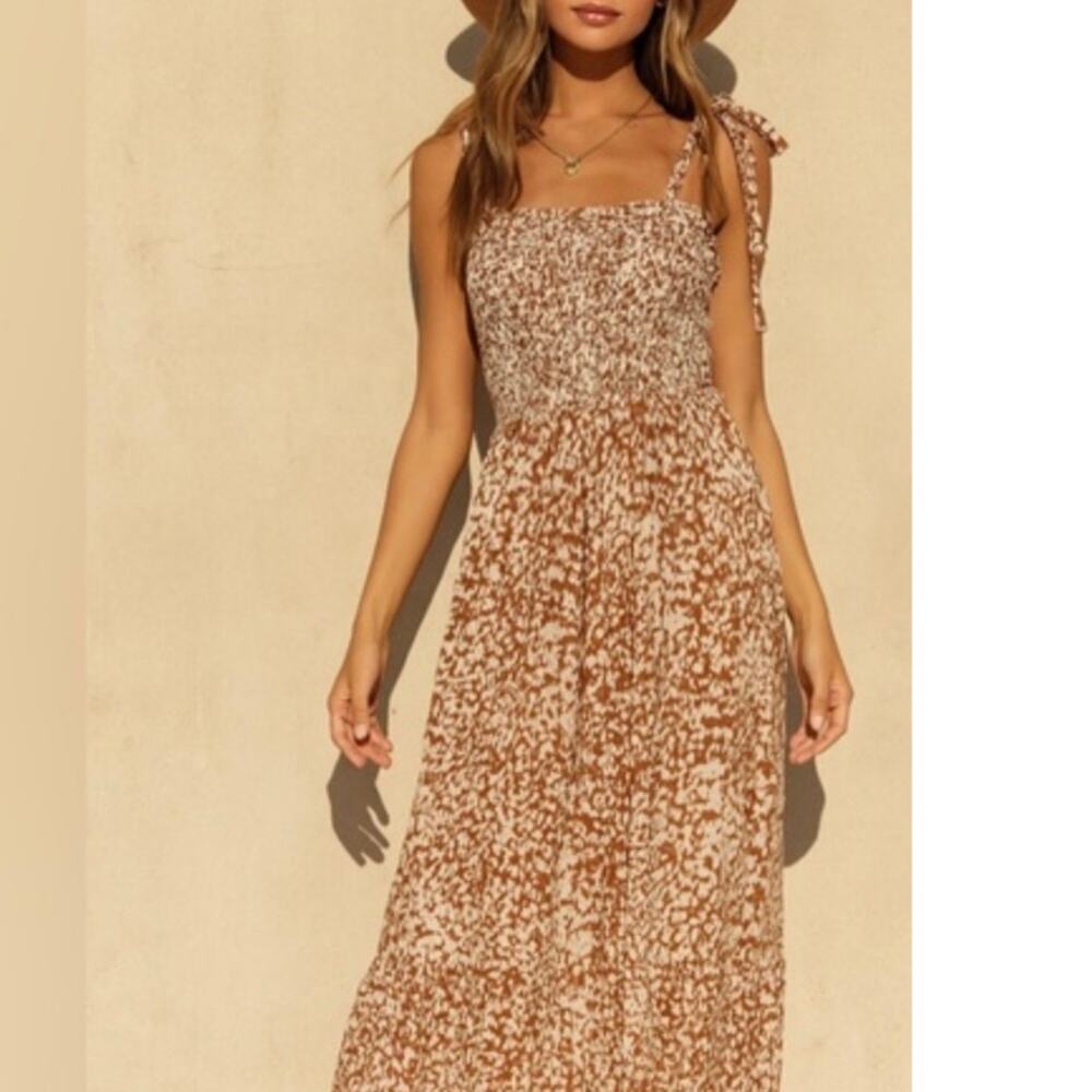 By Together Maxi Dress Ruffle Hem Ruched Top Adjustable Straps Rust Color Size S